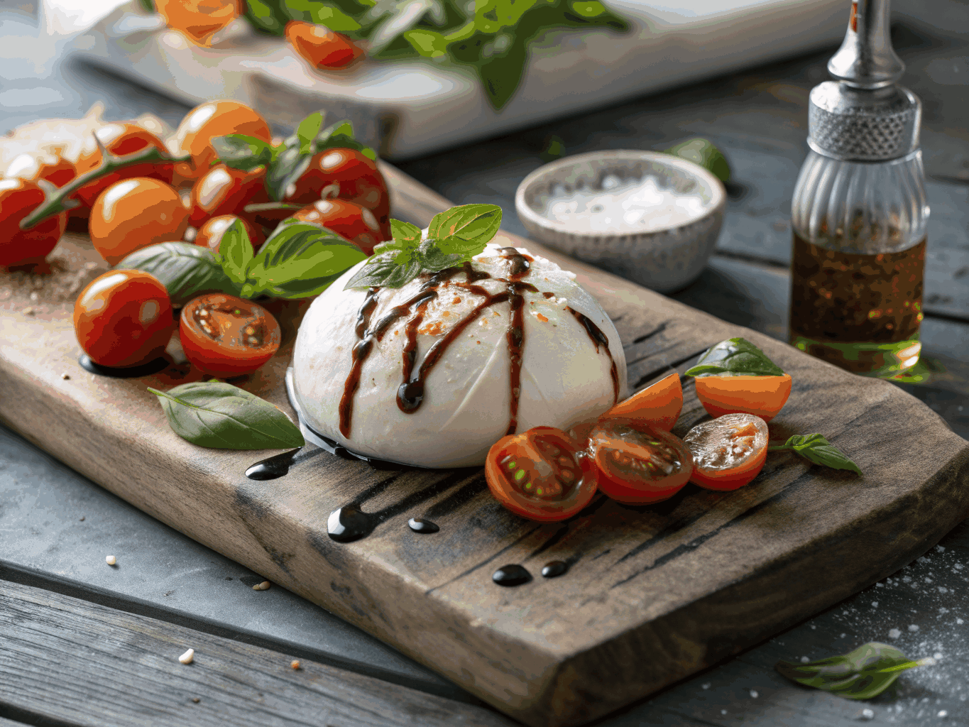 Creamy burrata cheese with colorful tomatoes