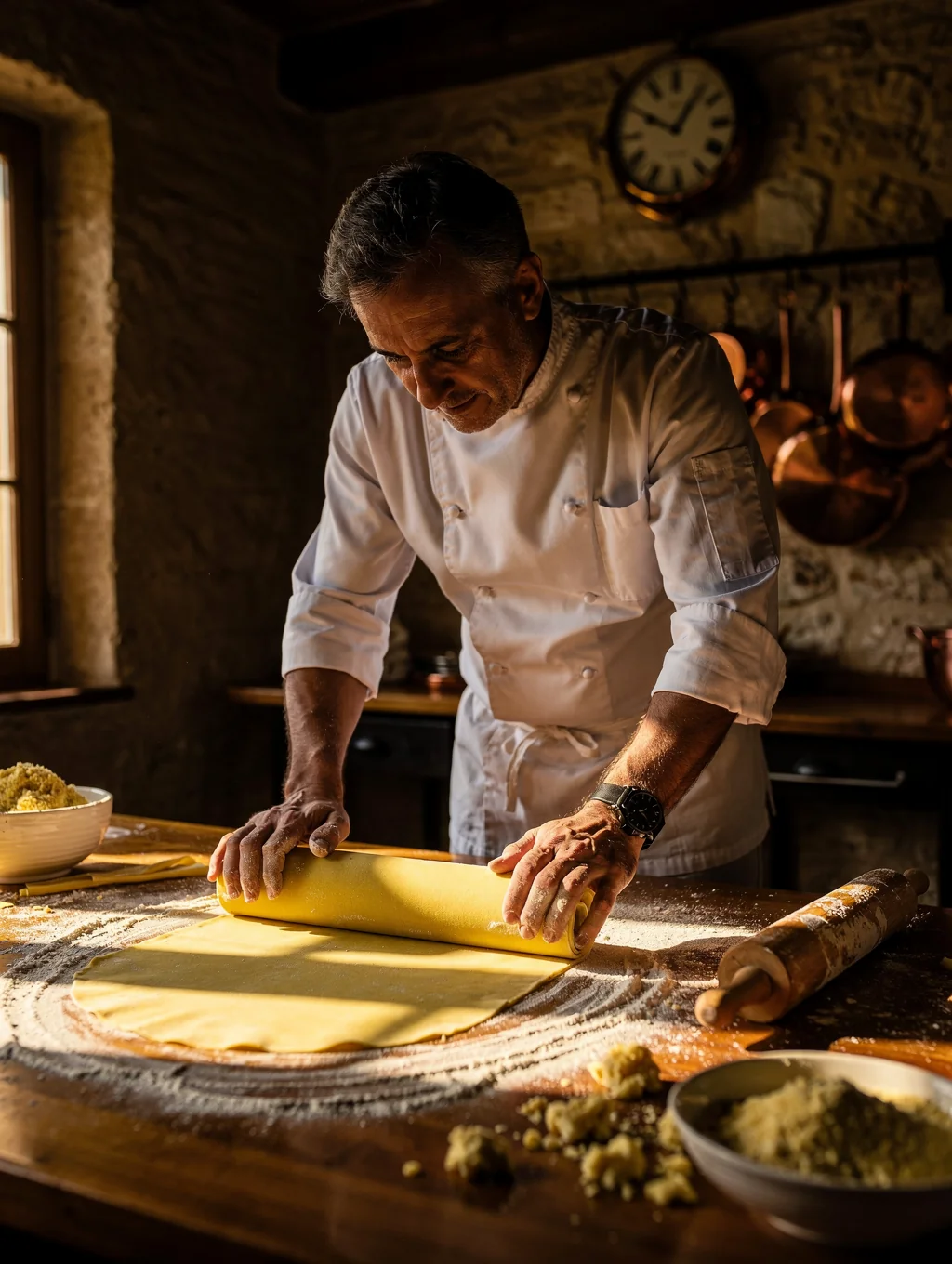 Chef preparing fresh handmade pasta in our kitchen