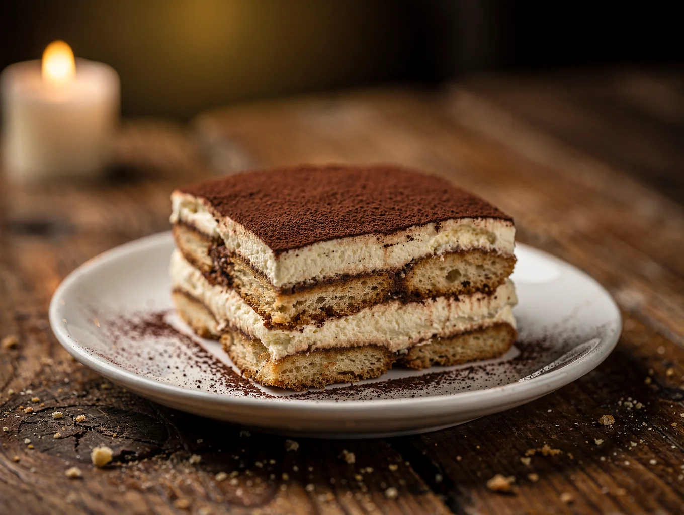 Traditional tiramisu with cocoa dusting