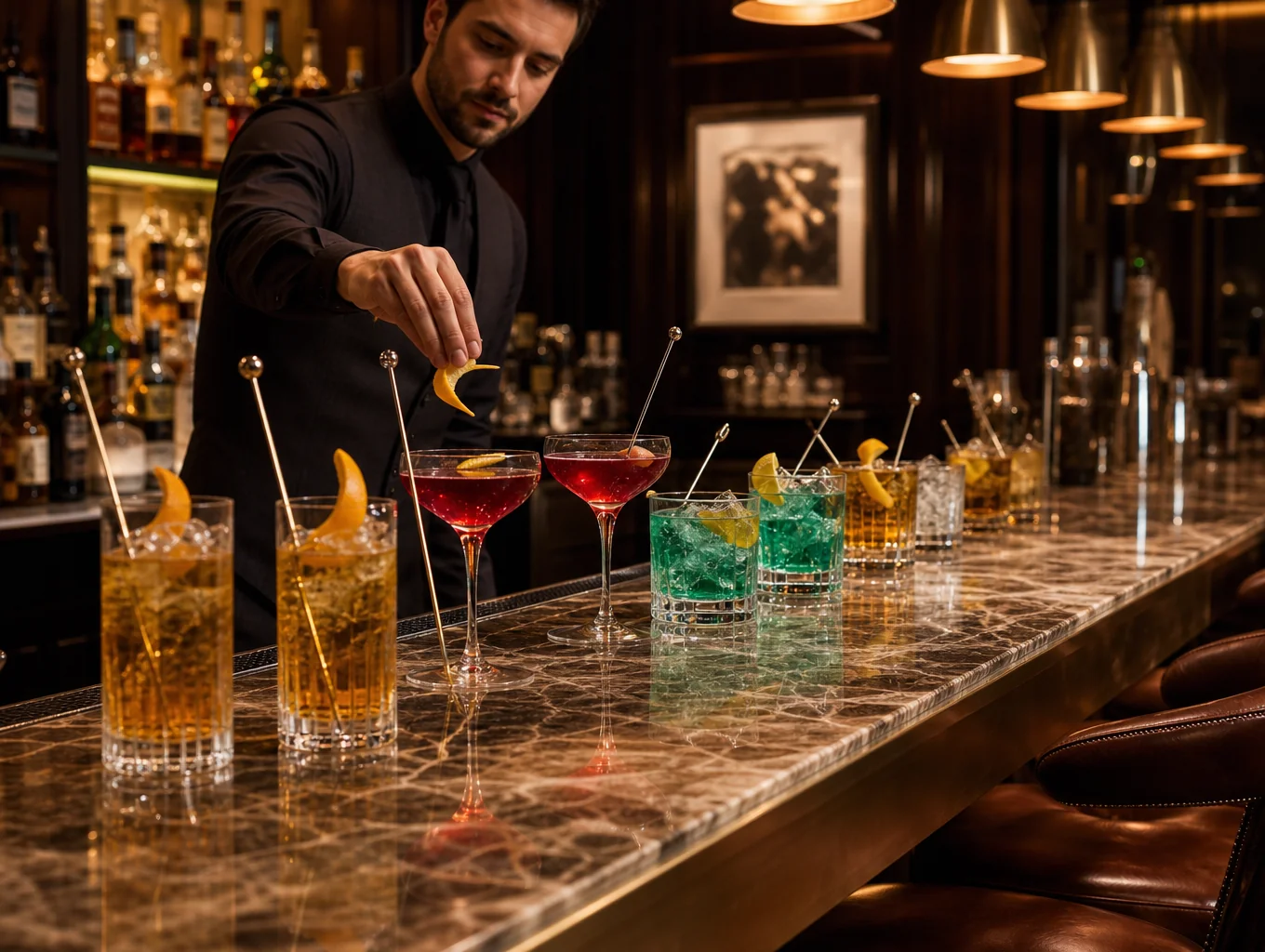 Marble bar counter with crafted Italian cocktails and warm lighting