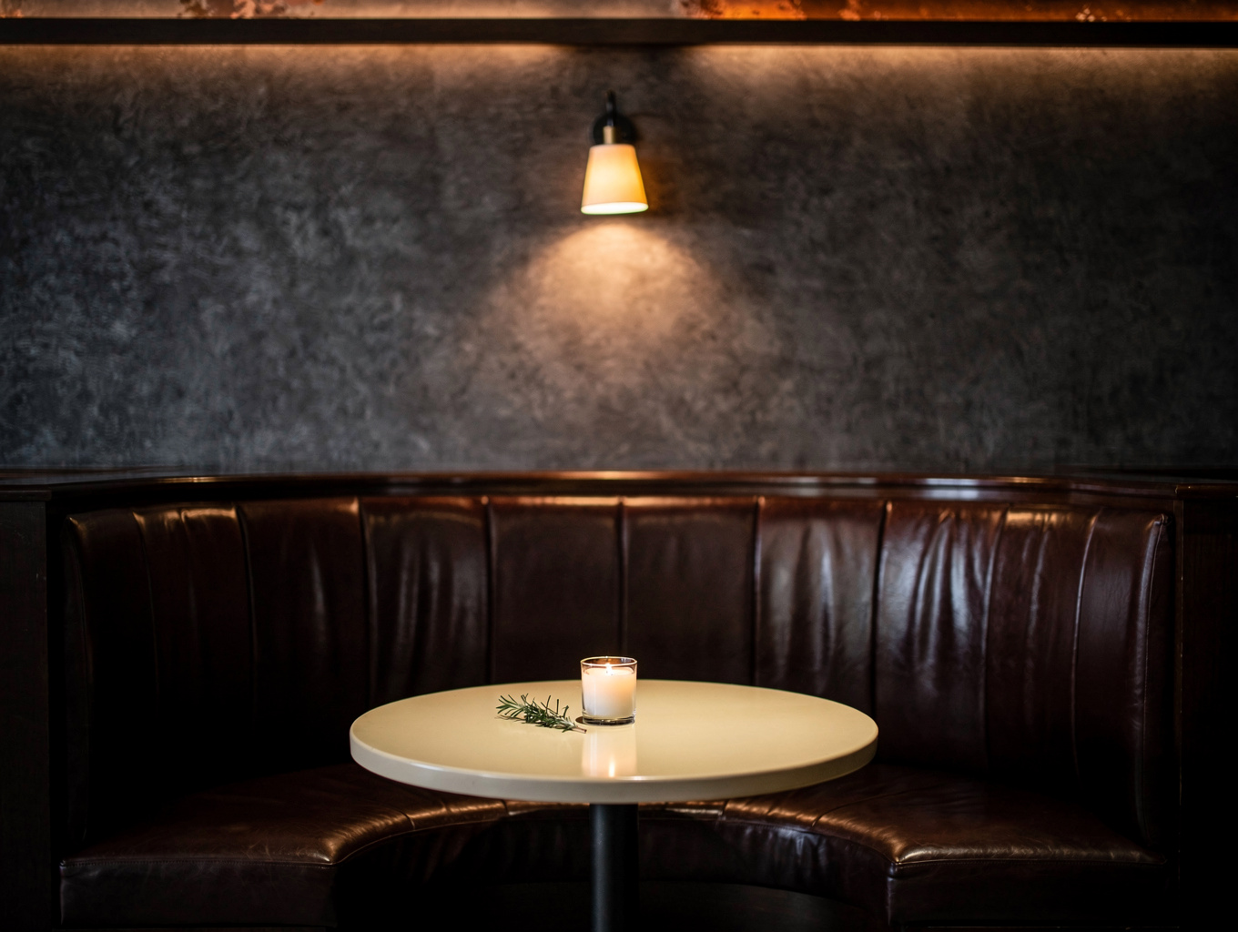 Intimate dining booth under soft lighting with velvet banquettes