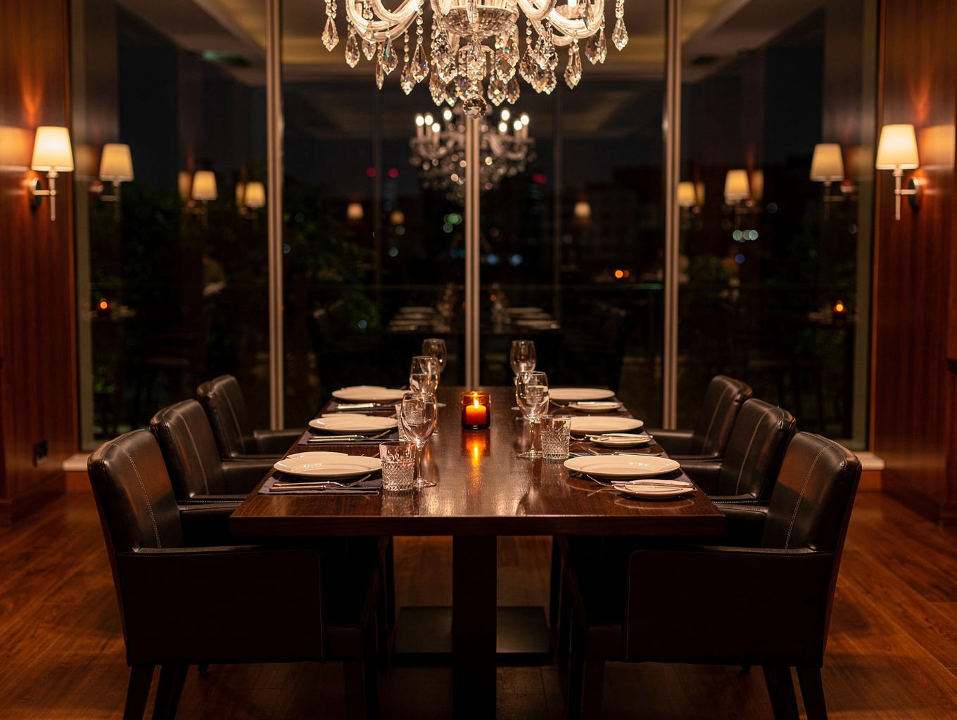 Warmly lit restaurant interior with elegant table settings and soft glow