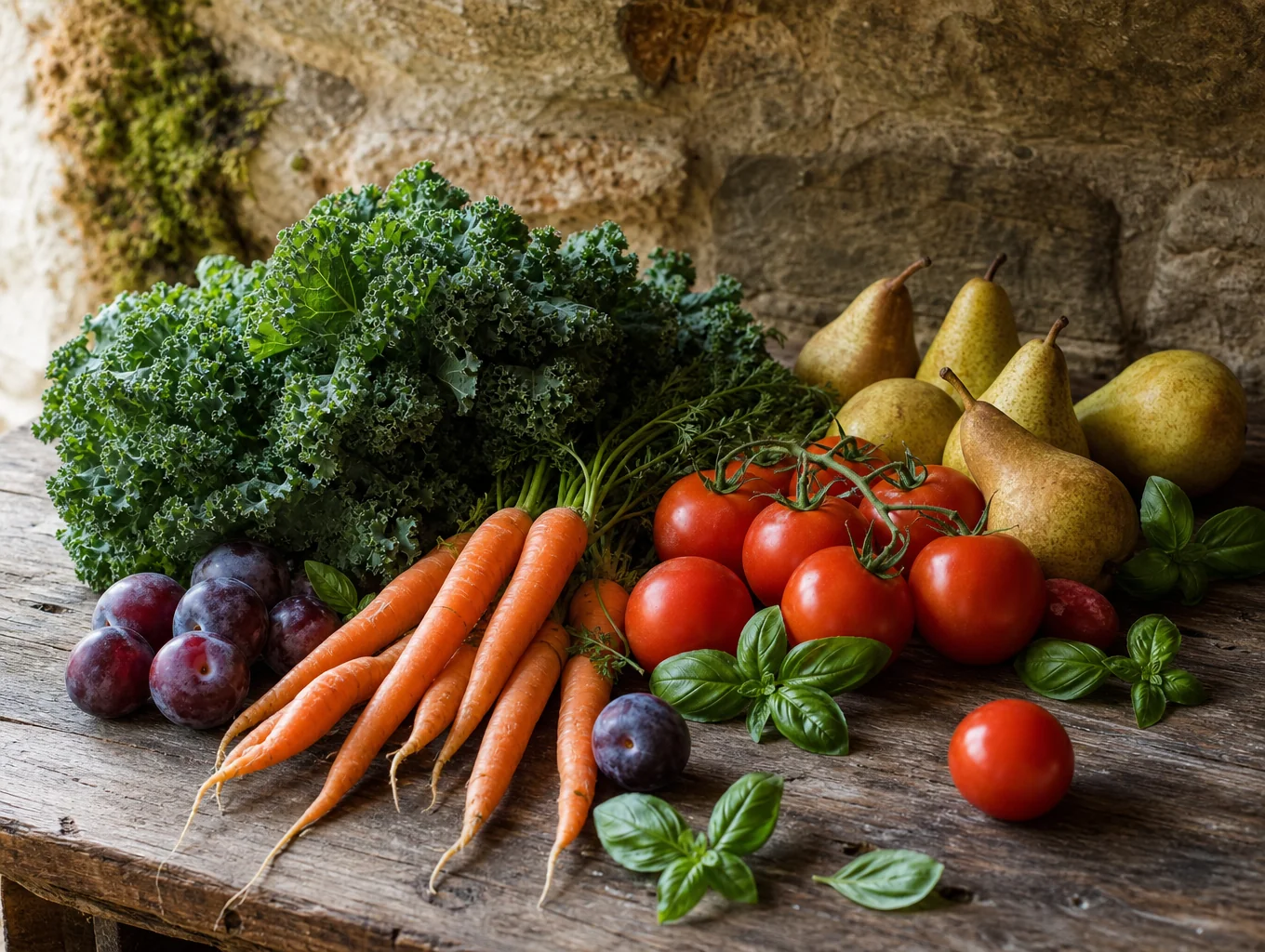 Freshly picked seasonal vegetables and herbs on a rustic wooden table