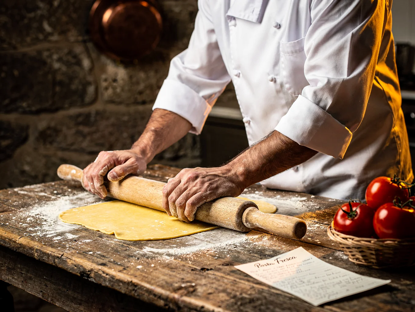Chef hand-rolling fresh pasta in a professional kitchen setting