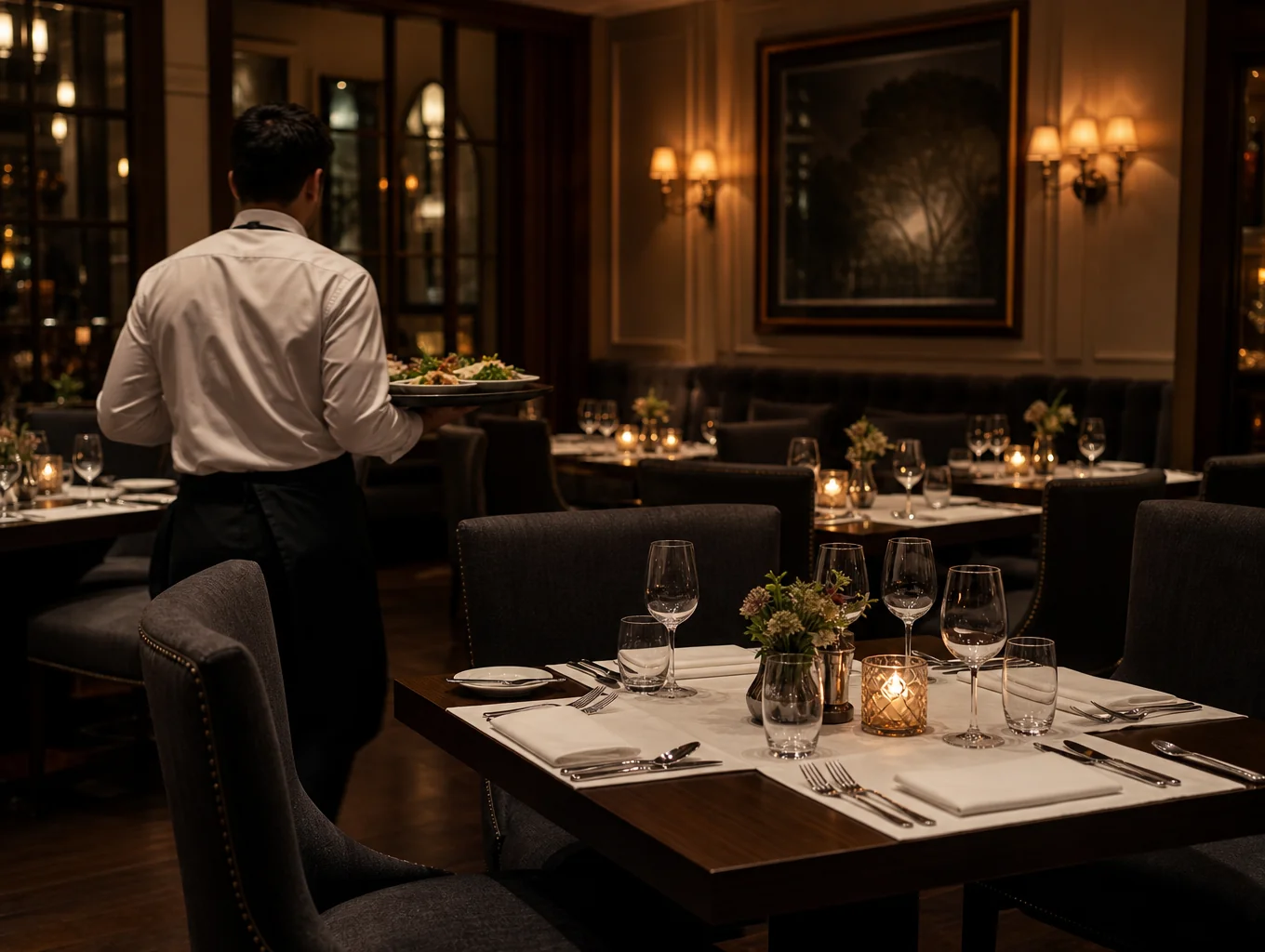 Elegant dining tables with linen napkins and warm candlelight in modern Italian restaurant