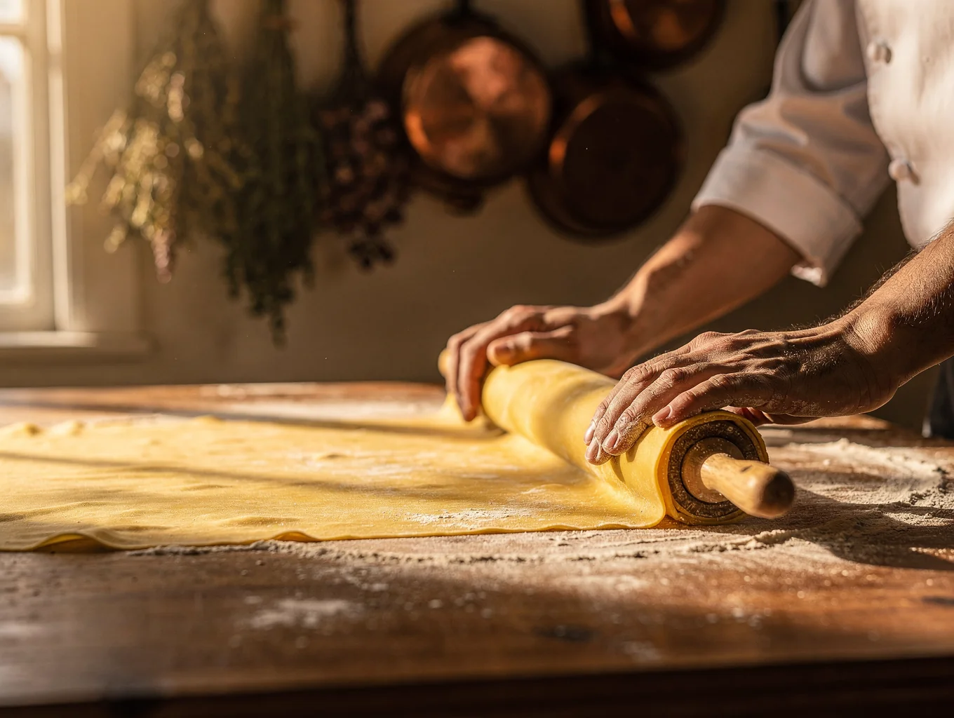Chef preparing fresh egg pasta dough on a marble kitchen surface