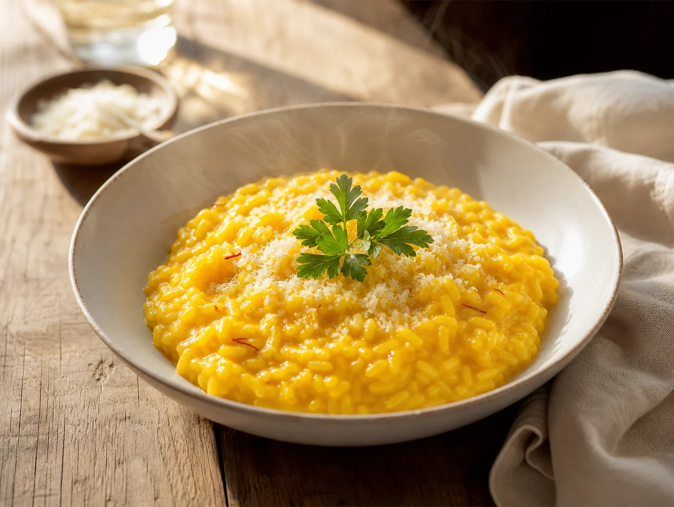 Golden saffron risotto on a ceramic plate