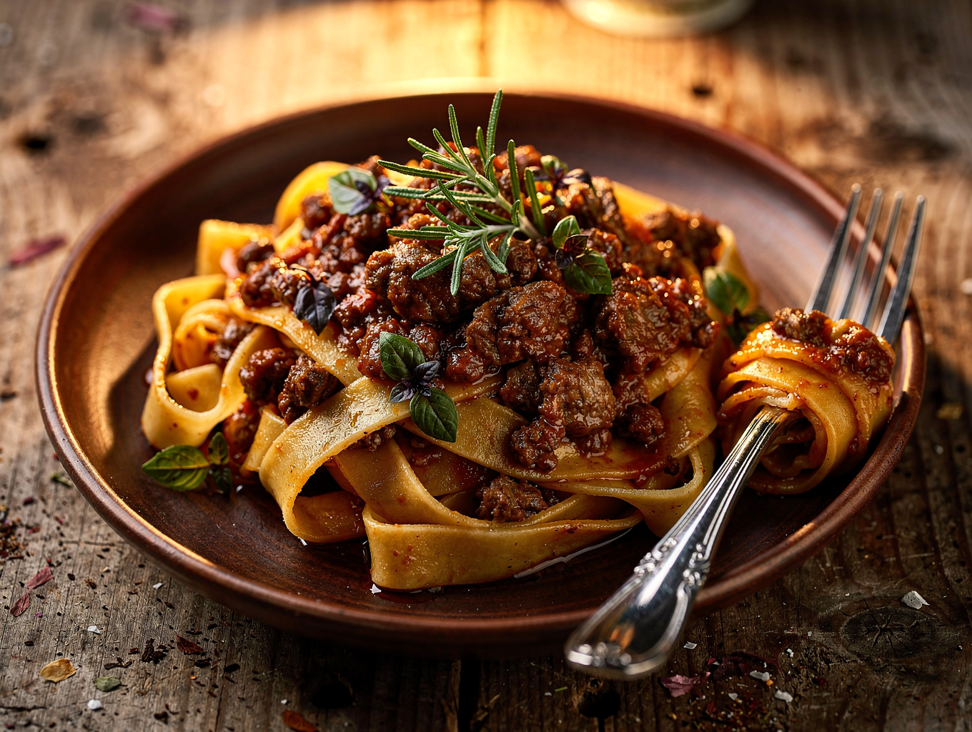 Freshly plated tagliatelle with rich meat sauce