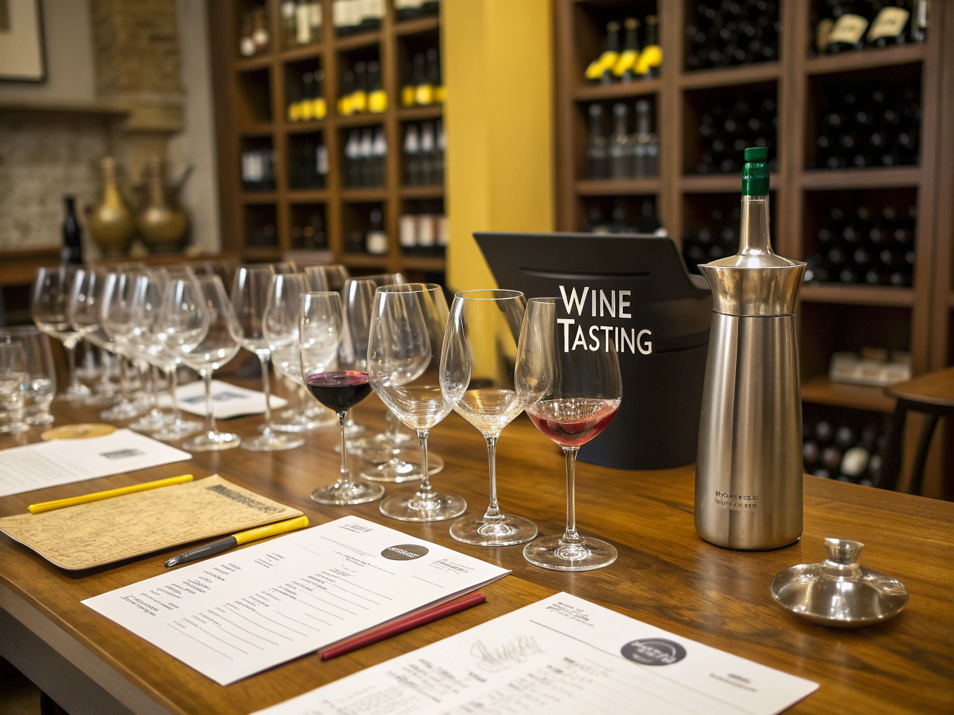 Table setting with fine wine glasses and tasting notes