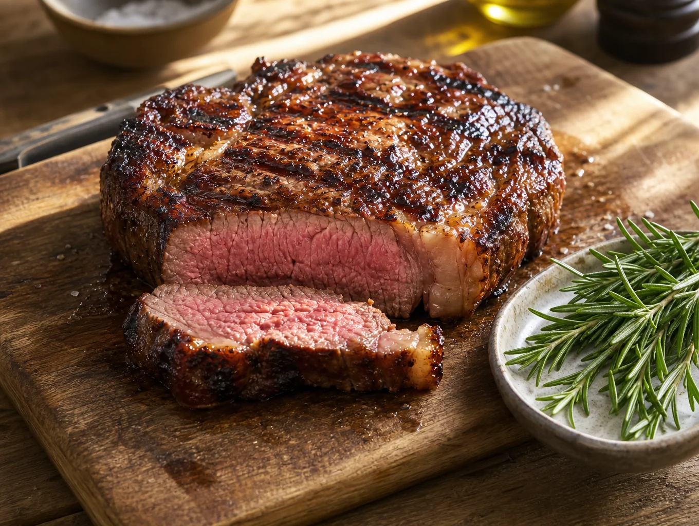Grilled ribeye steak with rosemary garnish