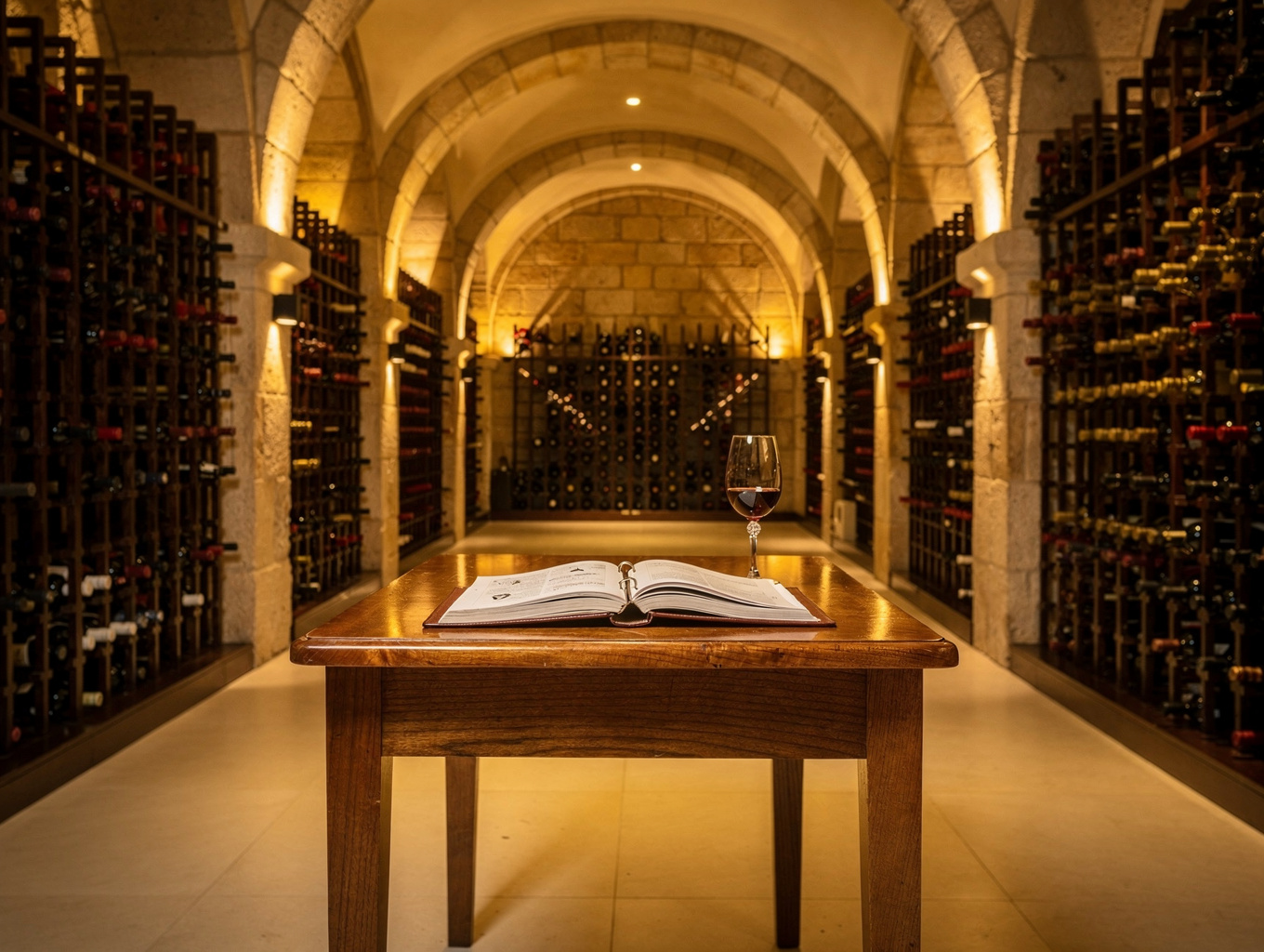 Vaulted wine cellar lined with premium Italian red wine bottles