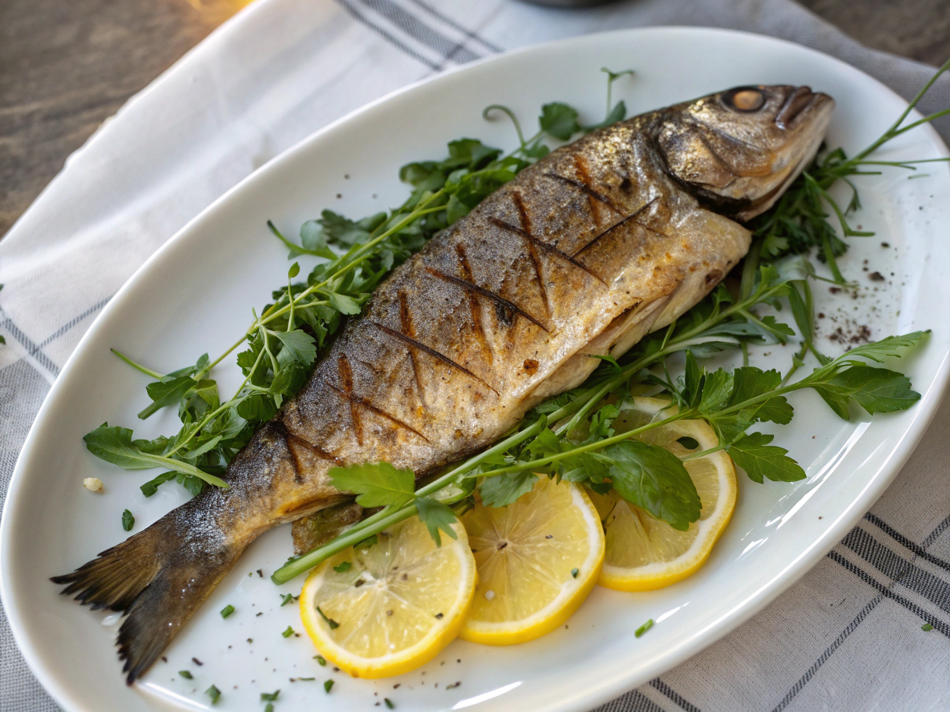 Whole roasted sea bass with charred lemon